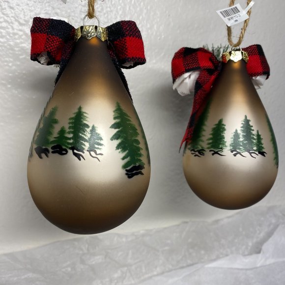 Brown Glass Teardrop Christmas Ornaments W Moose N Trees Design Set of 2 NWT - Picture 12 of 16